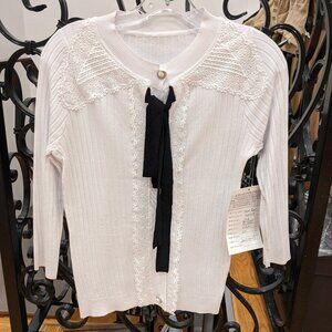White Ribbed Cardigan with Bow and Lace details